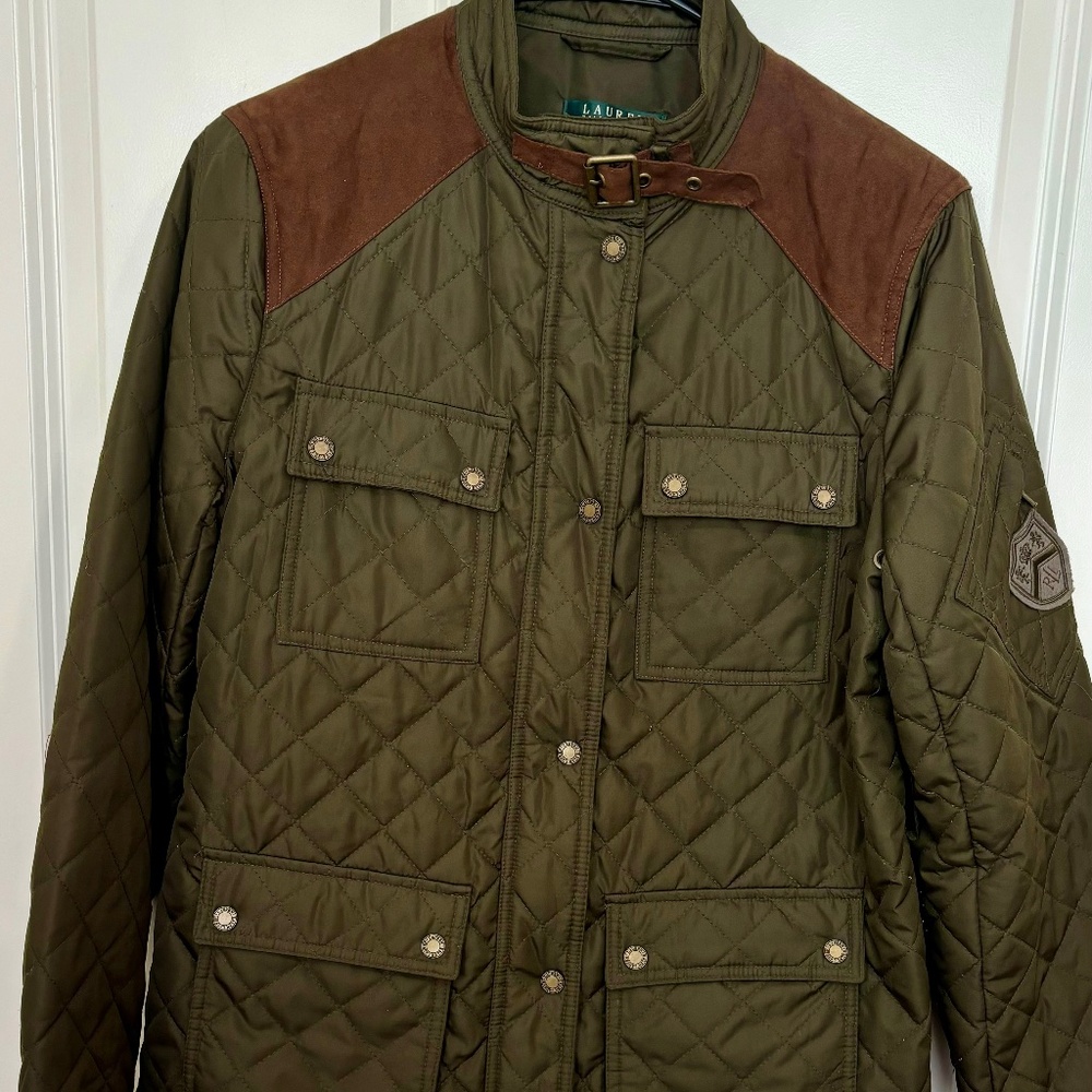 Lauren Ralph Lauren Jacket Womens Olive Green Quilted Crest Elbow Pad